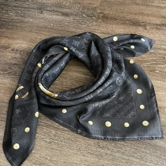Louis Vuitton Scarf Monogram Denim Blask Gray Square Silk Wrap - Picture 13 of 16